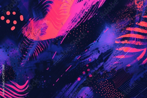 Dynamic Digital Patterns: Craft a visually dynamic composition with a digital illustration featuring a texture background, highlighted by neon purple and pink tones and accentuated by bold shapes