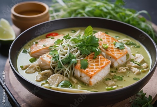 Rice noodles served with a fish-based green curry gravy and fresh herbs, often eaten as a breakfast dish 