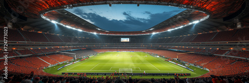 Football, soccer stadium. Panoramic night shot of a packed stadium with vibrant orange seating and game in action