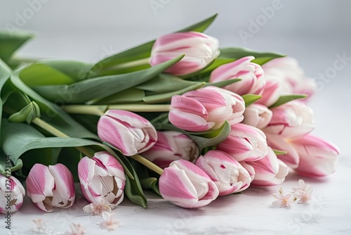 pink tulip and gypsophila bouquet on a white table