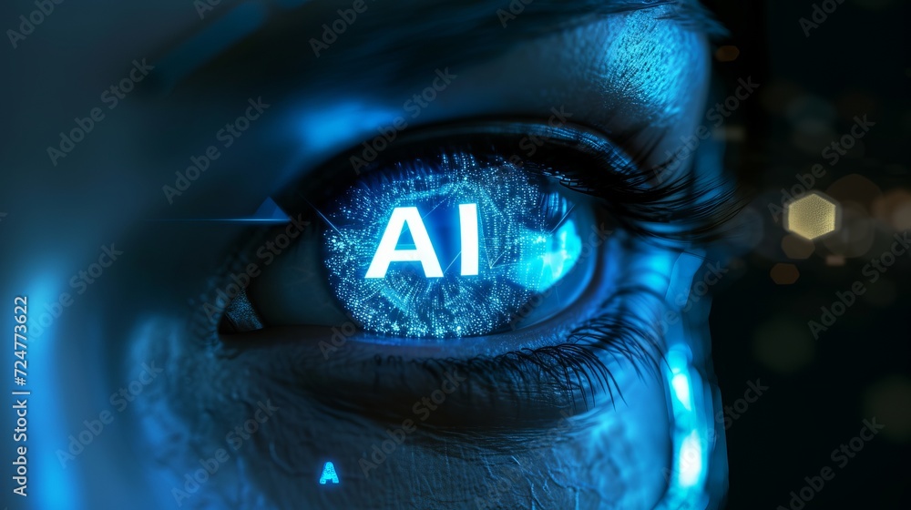 Captivating eye with shimmering ai icon reflection   a magical and futuristic concept.