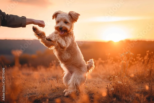 As the golden sun sets behind the sprawling grassy field, a loyal canine of the sporting group stands proudly on its hind legs, eagerly reaching for the comforting touch of its human companion's hand photo