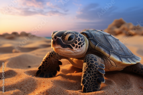 Little sea turtle on the sandy beach #724773829