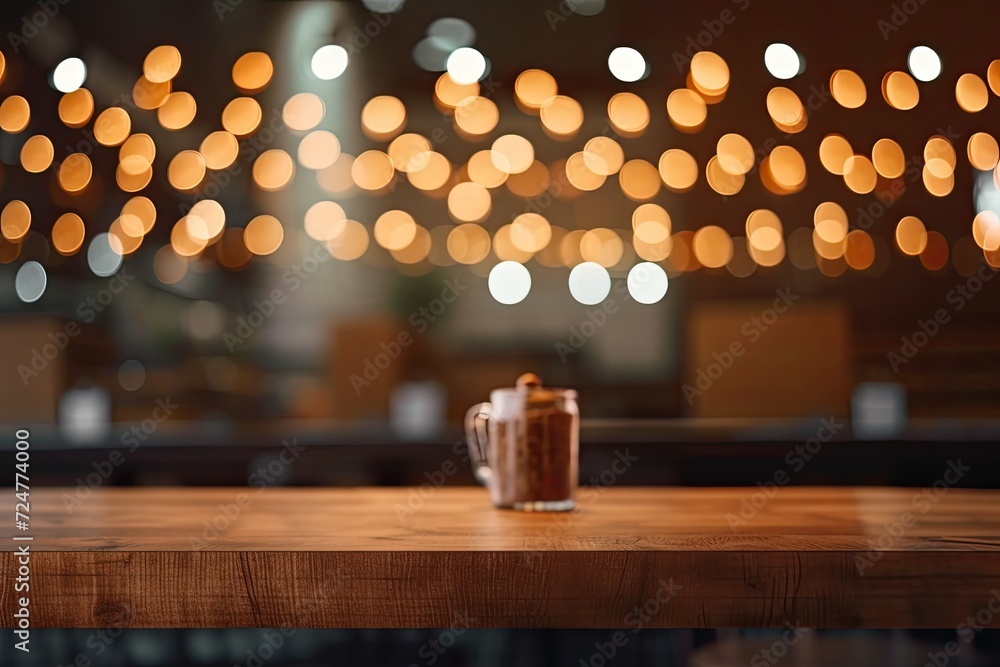 Background bokeh light of a coffee shop with an empty wood table. Mockup for product display, banner for internet media, and business presentation