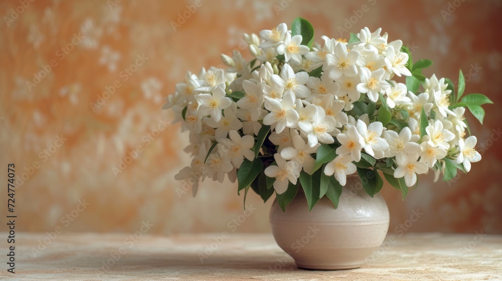  a vase filled with white flowers sitting on top of a table next to a brown and white wall and a brown and white wall behind the vase is filled with white flowers.