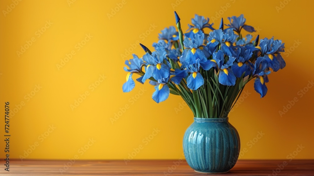 a blue vase filled with blue flowers on top of a wooden table in front of a yellow wall and a yellow wall behind the vase is filled with blue flowers. a blue vase filled with blue flowers on top of a wooden table in front of a yellow wall and a yellow wall behind the vase is filled with blue flowers.