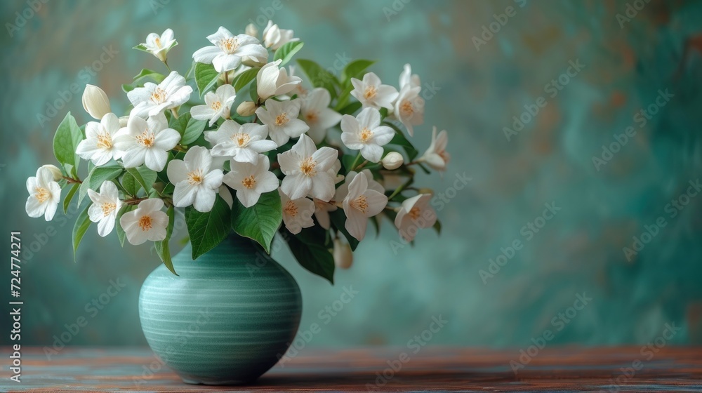 a green vase filled with white flowers on top of a wooden table in front of a green wall and a blue wall behind the vase is filled with white flowers. a green vase filled with white flowers on top of a wooden table in front of a green wall and a blue wall behind the vase is filled with white flowers.