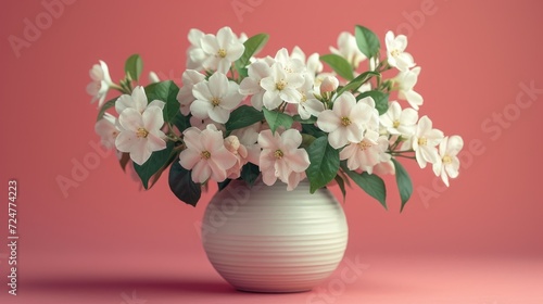  a vase filled with white flowers on top of a pink surface with a pink wall in the background and a pink wall behind the vase with white flowers in the middle. © Shanti