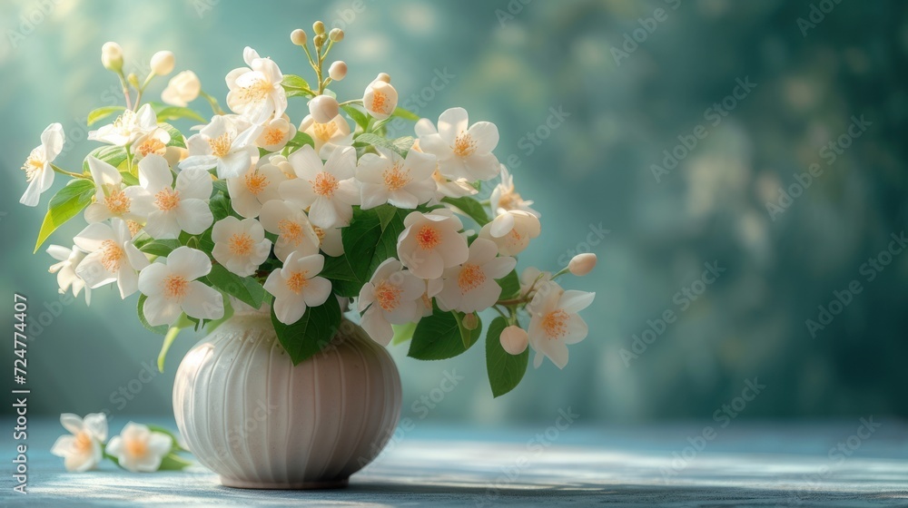  a white vase filled with white flowers on top of a wooden table next to a green wall and a blue and white wall behind the vase is filled with white flowers.