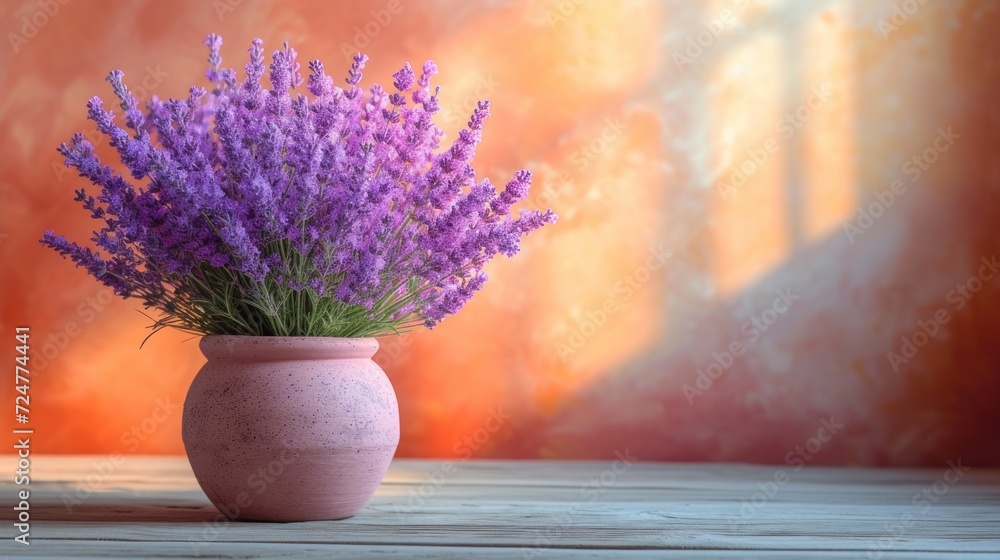a pink vase filled with purple flowers on top of a wooden table in front of a red and orange wall and a wooden table with a pink vase on it. a pink vase filled with purple flowers on top of a wooden table in front of a red and orange wall and a wooden table with a pink vase on it.