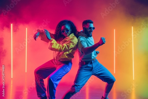 A dazzling duo dances in a sea of neon, their clothing a symphony of movement as they perform to the beat of the music, captivating the audience with their talent and passion for performance art