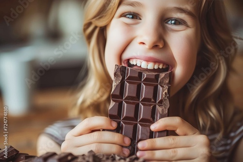 A young girl indulging in a delicious chocolate bar, savoring each bite as she holds it in her hand, her face filled with pure joy and satisfaction