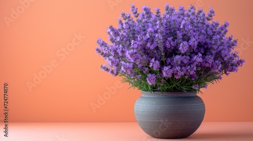  a vase filled with purple flowers sitting on top of a table next to a pink wall and a pink wall behind the vase is a gray vase with purple flowers. photo