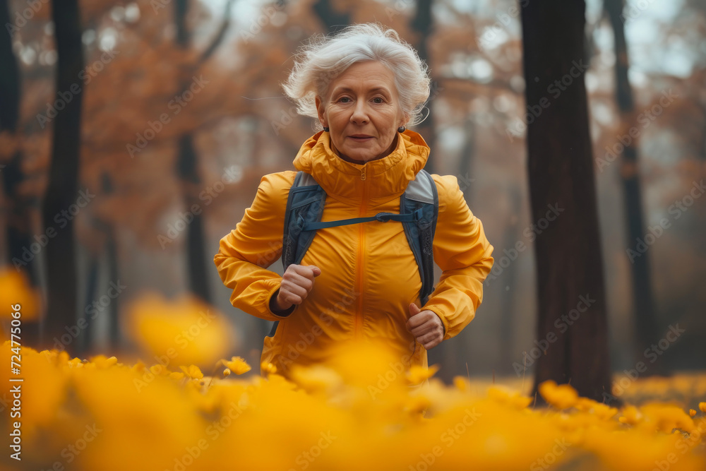 Elderly Woman Jogging with Vigor Outdoors Elderly Woman Jogging with Vigor Outdoors