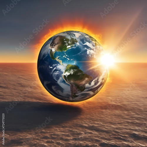 image of earth on fire with surreal background and sunlight