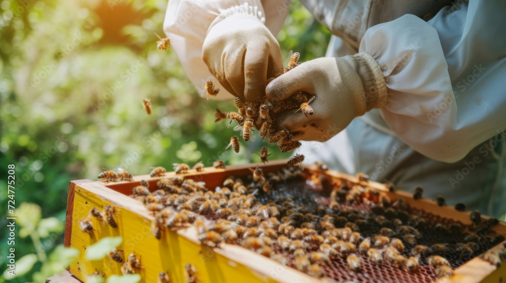Beekeeper tending to a beehive demonstrating care for honey bees Beekeeper tending to a beehive demonstrating care for honey bees