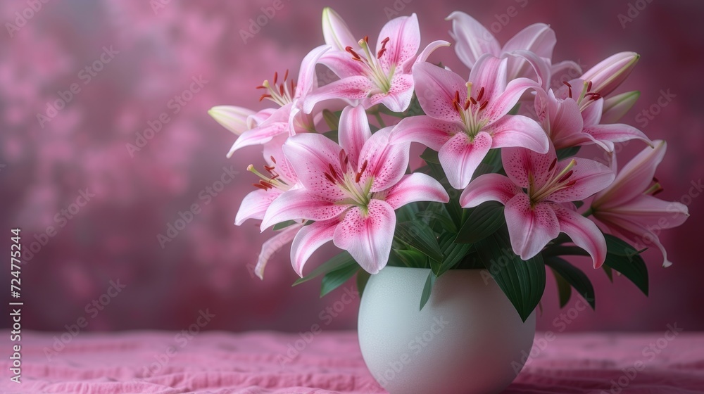  a white vase filled with pink flowers on top of a pink cloth covered table cloth with a pink wall in the background behind the vase is a white vase with pink lilies.