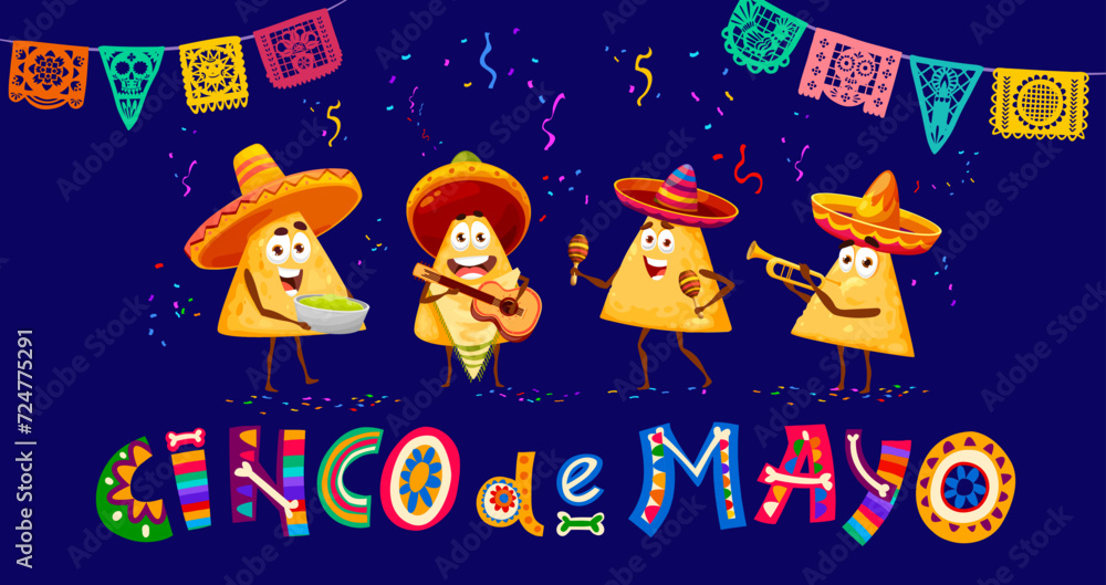 Naklejka premium Cartoon mexican nacho characters on Cinco de Mayo holiday party banner. Funny corn nachos mariachi musicians, vector tex-mex food personages with sombrero hats playing guitar, maracas and trumpet