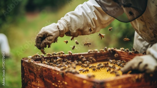 Beekeeper tending to a beehive demonstrating care for honey bees