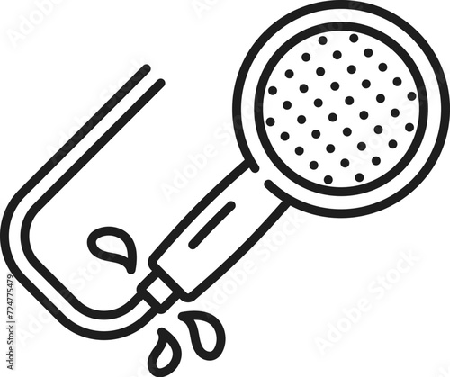 Plumbing, sewerage repair service line icon. House bathroom or shower pipes repair and maintenance outline vector symbol. Plumbing service thin line sign or pictogram with leaking shower hose and head