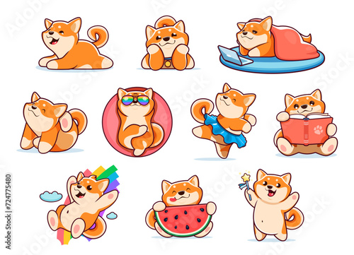 Cartoon japanese happy shiba inu dog characters, cute kawaii pet personages. Vector Japan dog or puppy animals posing with funny faces, shiba inu doggies sleeping, scratching ear, dancing and reading