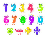 Cartoon funny math number characters. Cute funny one, two, three, four and five. Six, seven, eight nine or zero. Multiply and divide, plus or minus isolated vector mathematics signs set