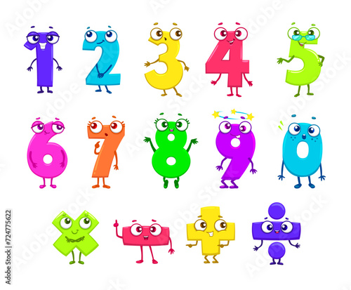 Cartoon funny math number characters. Cute funny one, two, three, four and five. Six, seven, eight nine or zero. Multiply and divide, plus or minus isolated vector mathematics signs set
