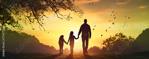   Silhouette of a happy family with single parent father and children on the background of a sunset  photo