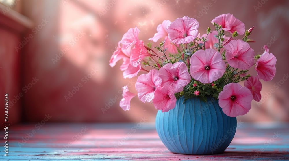 a blue vase filled with pink flowers sitting on top of a wooden table in front of a pink wall and a pink wall behind the vase is a blue vase with pink flowers. a blue vase filled with pink flowers sitting on top of a wooden table in front of a pink wall and a pink wall behind the vase is a blue vase with pink flowers.