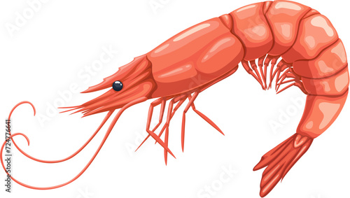 Cartoon seafood, shrimp or prawn for sea food cuisine or restaurant, isolated vector. Whole raw prawn or shrimp for seafood cuisine cooking ingredient or sushi bar menu and fish market food product