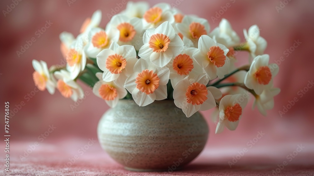 a vase filled with white and orange flowers on top of a pink tablecloth covered table with a pink wall behind it and a pink wall behind the vase with orange and white flowers. a vase filled with white and orange flowers on top of a pink tablecloth covered table with a pink wall behind it and a pink wall behind the vase with orange and white flowers.