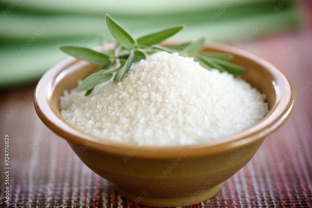 macro view of granulated stevia in a ceramic bowl macro view of granulated stevia in a ceramic bowl