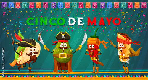 Cartoon mexican tex mex pirate characters on cinco de mayo holiday celebration. Vector festive banner with funny tacos, avocado, red hot chili or jalapeno pepper and burrito corsair personages