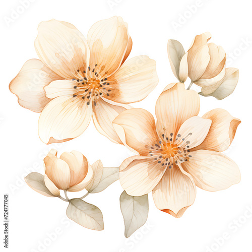 Watercolor illustration composition with beige flowers. Isolated on transparent background. Perfect for card  postcard  tags  invitation  printing  wrapping.