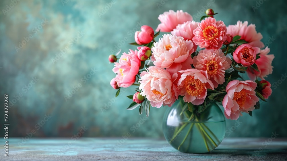  a vase filled with lots of pink flowers on top of a wooden table next to a blue and green wall and a wall behind the vase is filled with lots of pink flowers.