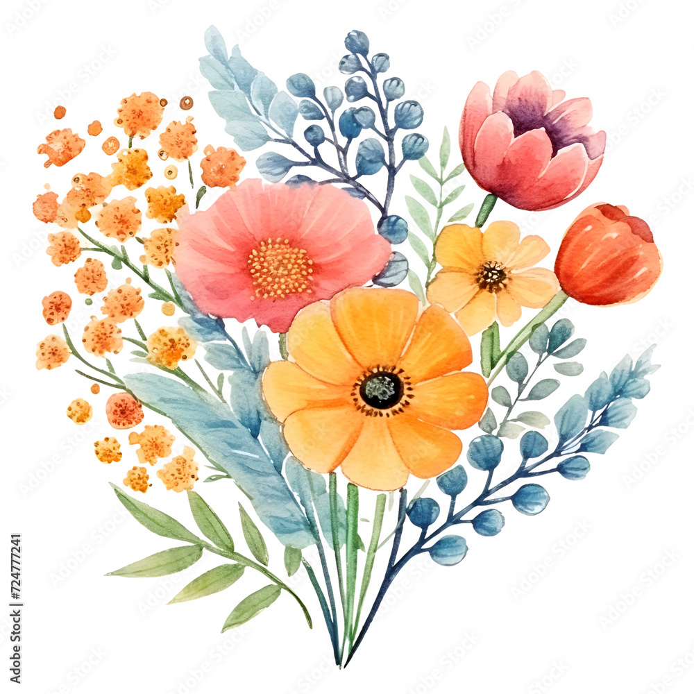 Watercolor illustration with vintage flowers bouquet. Isolated on transparent background. Perfect for card, postcard, tags, invitation, printing, wrapping.