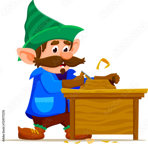 Cartoon gnome or dwarf carpenter character happily whittling wood. Vector personage with a jolly face and pointy hat, creating intricate and endearing wooden creations in carpentry workshop