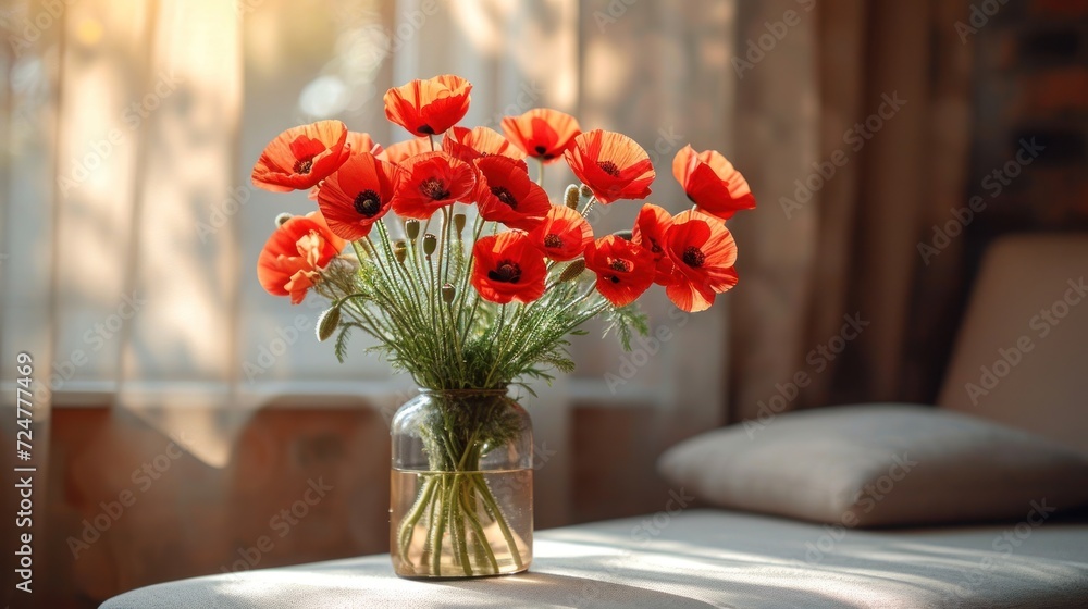 a vase filled with red flowers sitting on top of a table next to a window with a chair in front of it and a couch in front of the window. a vase filled with red flowers sitting on top of a table next to a window with a chair in front of it and a couch in front of the window.