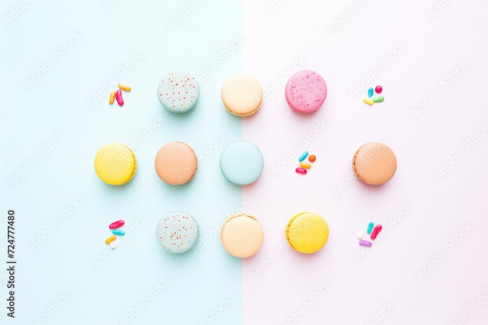 colorful macarons neatly aligned on pastel surface colorful macarons neatly aligned on pastel surface