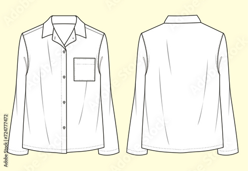 Girls Reverie Collar Nightshirt - Black and White Outline Long Sleeve Fashion Flat Sketch with Chest Pocket for Nightwear and Sleepwear.
