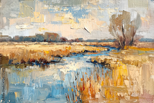 Oil painting, landscape with river, lake, trees in the background. Beautiful artistic piece of digital art for wallpaper, art print, background design.