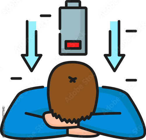 Burnout syndrome psychological disorder problem, mental health icon depicted as a tired person with low battery charge, symbolizing exhaustion, stress, and disengagement from work or daily activities