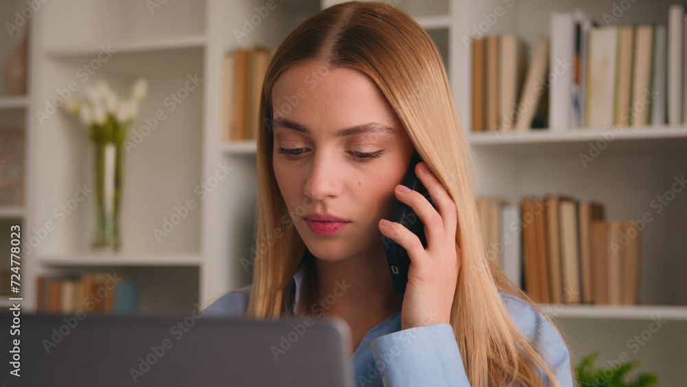 Caucasian business woman female manager girl employer lady businesswoman talking phone answer call bad hearing noisy terrible sound noise in smartphone shocked calling problem in office with laptop Caucasian business woman female manager girl employer lady businesswoman talking phone answer call bad hearing noisy terrible sound noise in smartphone shocked calling problem in office with laptop
