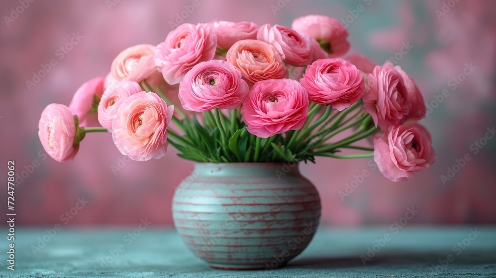 a vase filled with pink flowers sitting on top of a table next to a pink and white wall with a pink wall behind it and a pink wall in the background. a vase filled with pink flowers sitting on top of a table next to a pink and white wall with a pink wall behind it and a pink wall in the background.