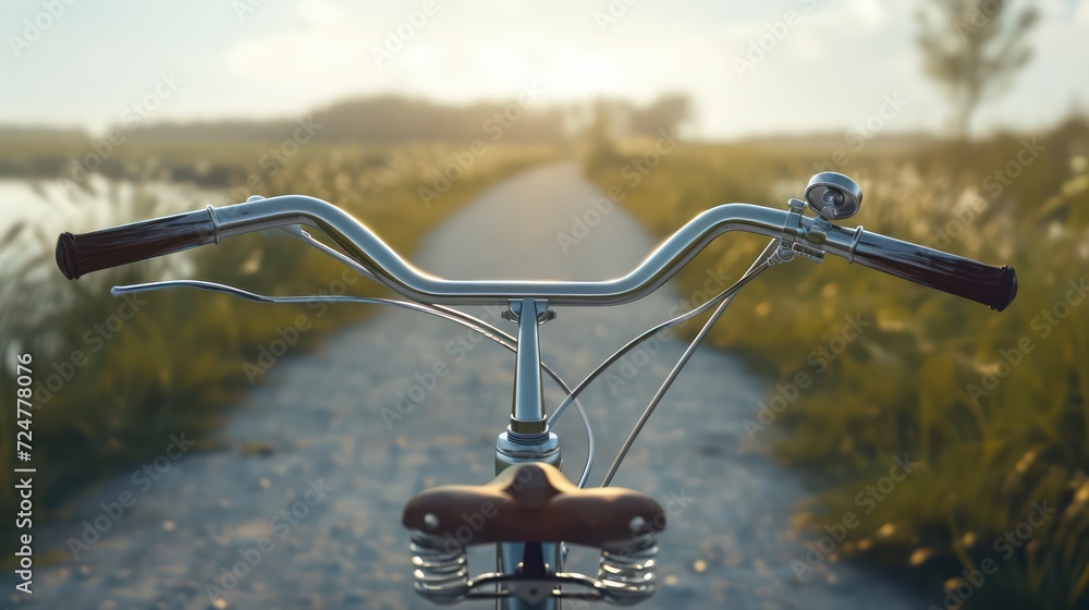 Retro bicycle handlebar on road during country walk through green meadow. Healthy lifestyle concept. Generative AI Retro bicycle handlebar on road during country walk through green meadow. Healthy lifestyle concept. Generative AI