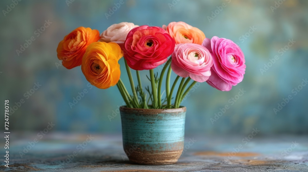 a close up of a vase of flowers with many colors of pink, orange, yellow, and pink flowers in the center of the vase, on a blue background. a close up of a vase of flowers with many colors of pink, orange, yellow, and pink flowers in the center of the vase, on a blue background.