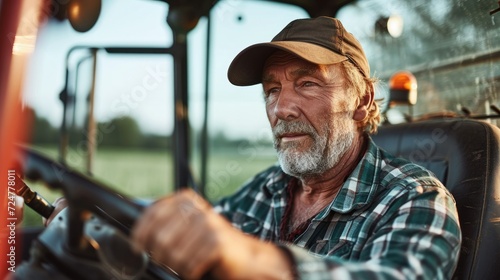 A Mature farmer driving tractor on a farm. Generative AI.
