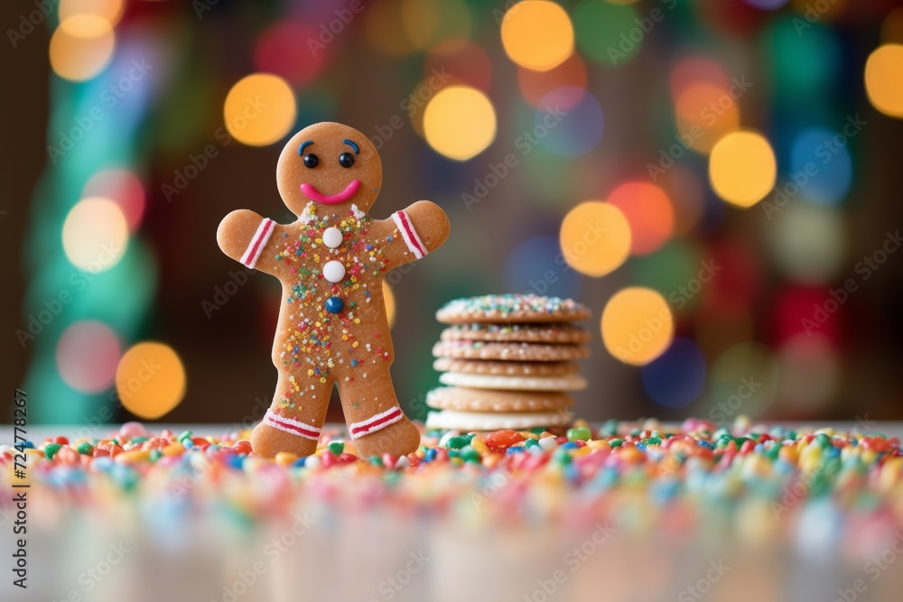 Obraz premium gingerbread man standing on tiptoes amidst sprinkles
