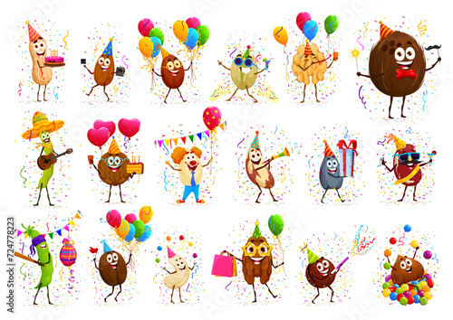 Cartoon nut characters on holiday and birthday party. Cute protein food vector personages, happy almond, peanut, walnut, cashew, pistachio and hazelnut, bean, sunflower seed with birthday cake, gifts