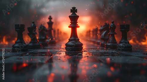 Black chess piece aggressive attack. Epic chess game illustration. Successful strategy, checkmate concept photo